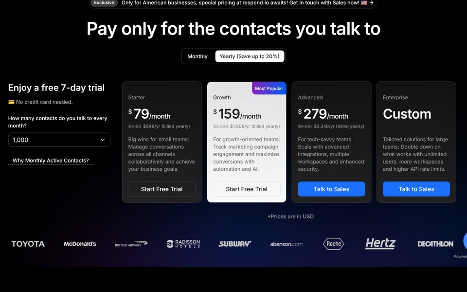 respond.io pricing page: Starter $79, Growth $159 and Advanced $279 a month billed yearly; Enterprise custom