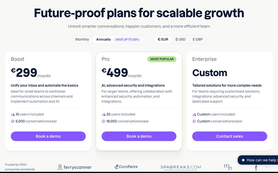 Trengo pricing page: Boost €299 a month for 10 users and Pro €499 a month for 20 users, billed annually; Enterprise custom