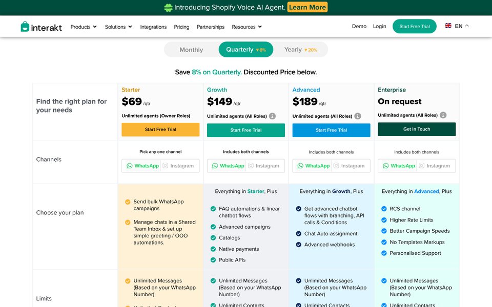 صفحة أسعار Interakt الأمريكية، العرض الفصلي: خطة Starter بسعر $69 وGrowth بسعر $149 وAdvanced بسعر $189 لكل ربع سنة مع عدد غير محدود من موظفي الدعم
