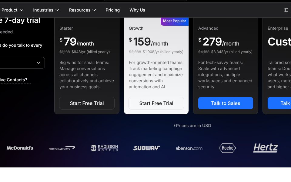 صفحة أسعار respond.io: خطة Starter بسعر $79 وGrowth بسعر $159 وAdvanced بسعر $279 شهريًا