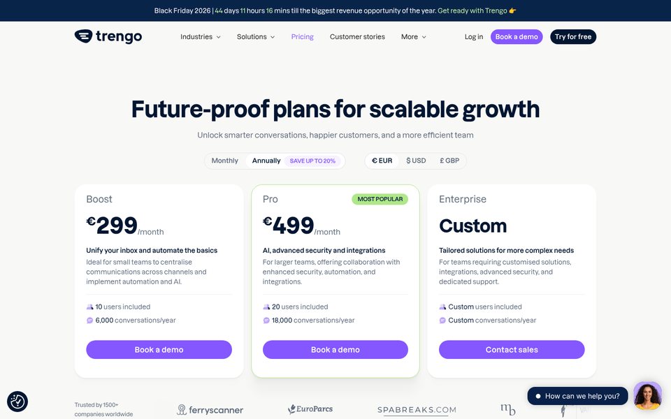 صفحة أسعار Trengo: خطة Boost بسعر €299 وPro بسعر €499 شهريًا مع الفوترة السنوية