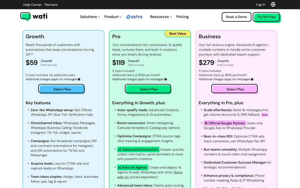 صفحة أسعار WATI: خطة Growth بسعر $59 وPro بسعر $119 وBusiness بسعر $279 شهريًا مع الفوترة السنوية