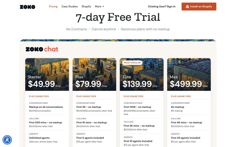صفحة أسعار Zoko: خطة Starter بسعر $49.99 وPlus بسعر $79.99 وElite بسعر $139.99 وMax بسعر $499.99 شهريًا