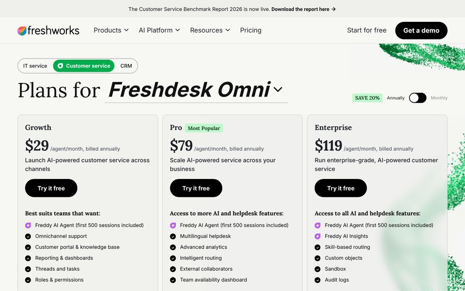 Freshdesk-Omni-Preisseite: Growth $29, Pro $79 und Enterprise $119 pro Agent und Monat bei jährlicher Abrechnung, jeweils mit den ersten 500 Freddy-AI-Agent-Sitzungen inklusive
