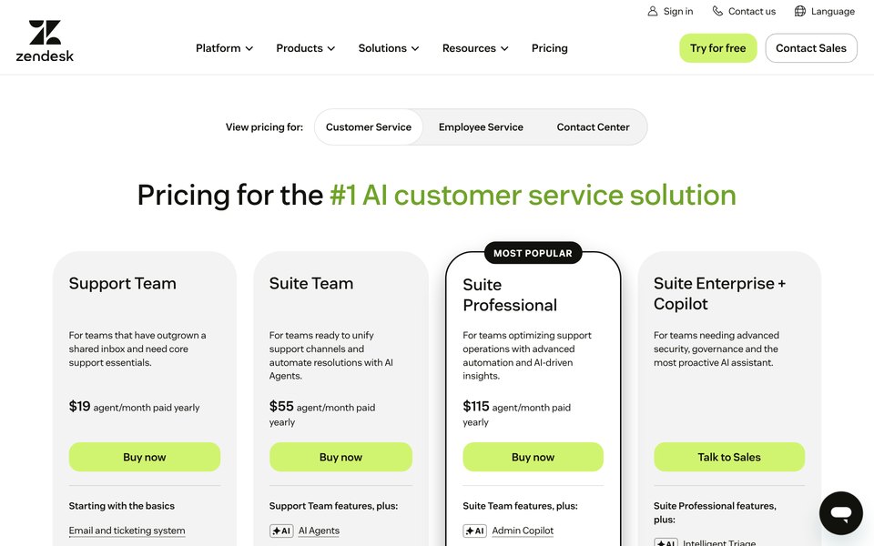Zendesk-Preisseite: Support Team $19, Suite Team $55 und Suite Professional $115 pro Agent und Monat bei jährlicher Zahlung
