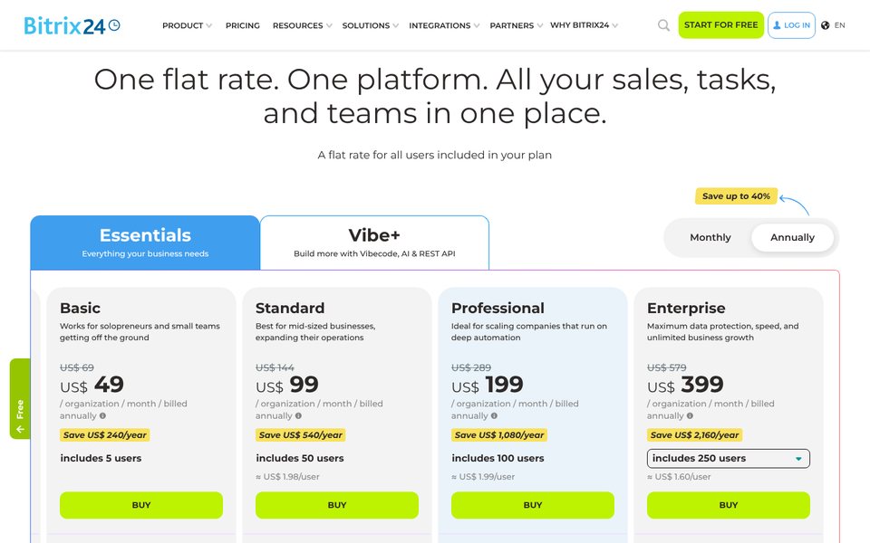 Bitrix24 pricing page: Basic US$49, Standard US$99, Professional US$199 and Enterprise US$399 per organization a month billed annually