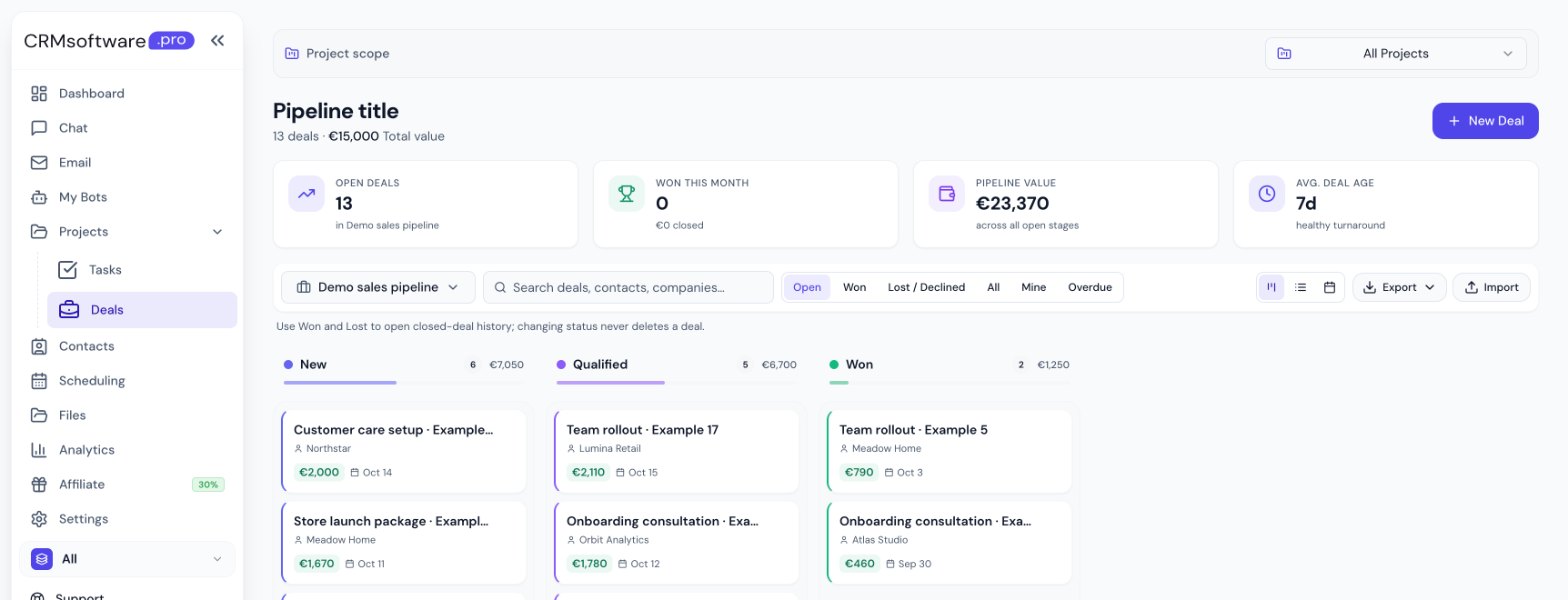 CRMsoftware.pro sales pipeline with deals on a Kanban board, demo data