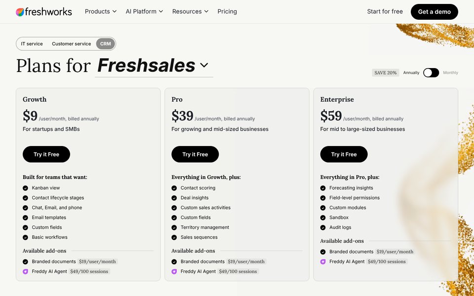 Freshsales pricing page: Growth $9, Pro $39 and Enterprise $59 per user a month billed annually