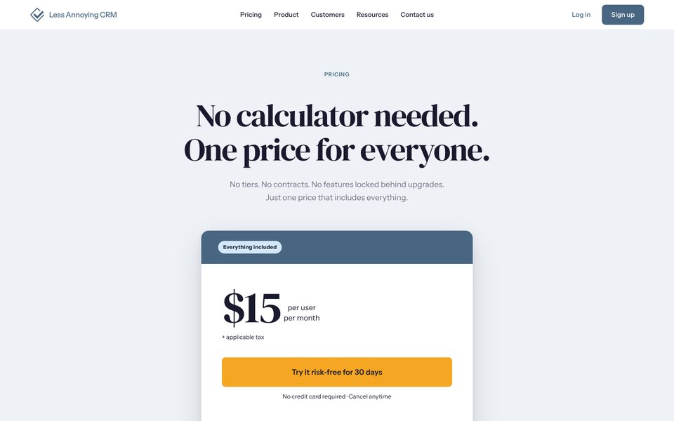 Less Annoying CRM pricing page: one plan at $15 per user per month with a 30-day free trial