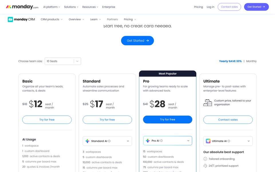 monday CRM pricing page: Basic $12, Standard $17 and Pro $28 per seat a month billed yearly