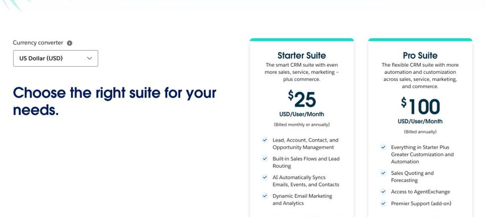 Salesforce Sales pricing page: Starter Suite $25 and Pro Suite $100 USD per user a month