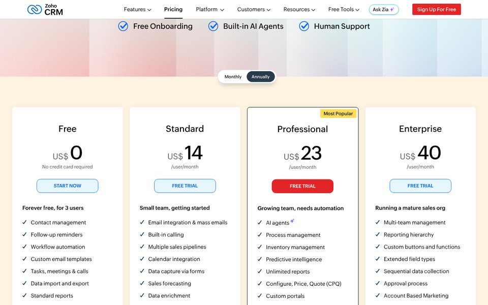 Zoho CRM pricing page: Free, Standard US$14, Professional US$23 and Enterprise US$40 per user a month billed annually