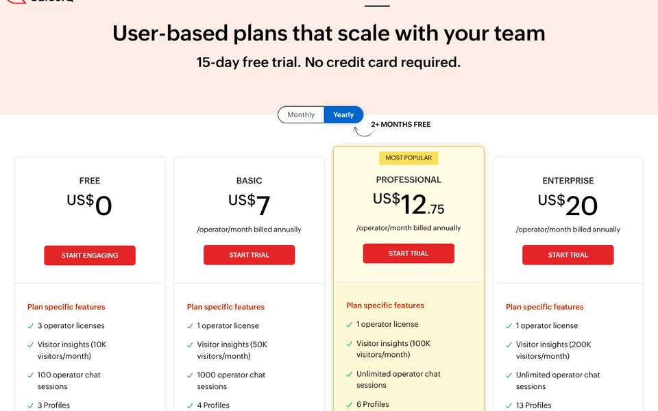 Сторінка цін Zoho SalesIQ: Free $0, Basic $7, Professional $12,75 і Enterprise $20 за оператора на місяць при оплаті за рік
